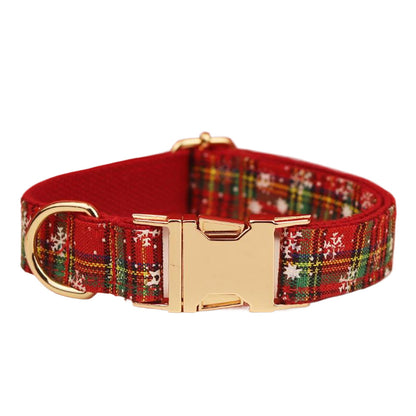 Red Background Snowflake Christmas Pet Collar Plaid Dog Rope Leash Suit Fashion Bowknot Flowers